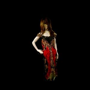 Maroon, black and gold, cotton dress with adjustable straps open back: sz sm